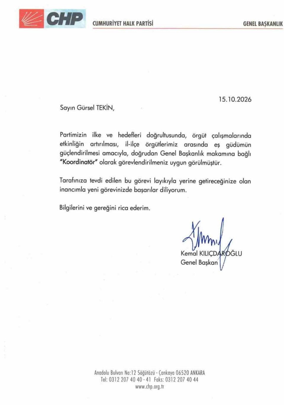 Gürsel Tekin, "Genel Başkanlık Makamına Bağlı Koordinatör" görevine getirildi