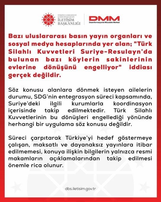 DMM’den, "Türk Silahlı Kuvvetleri Suriye’de bazı köy sakinlerinin evlerine dönüşünü engelliyor" iddialarına yalanlama